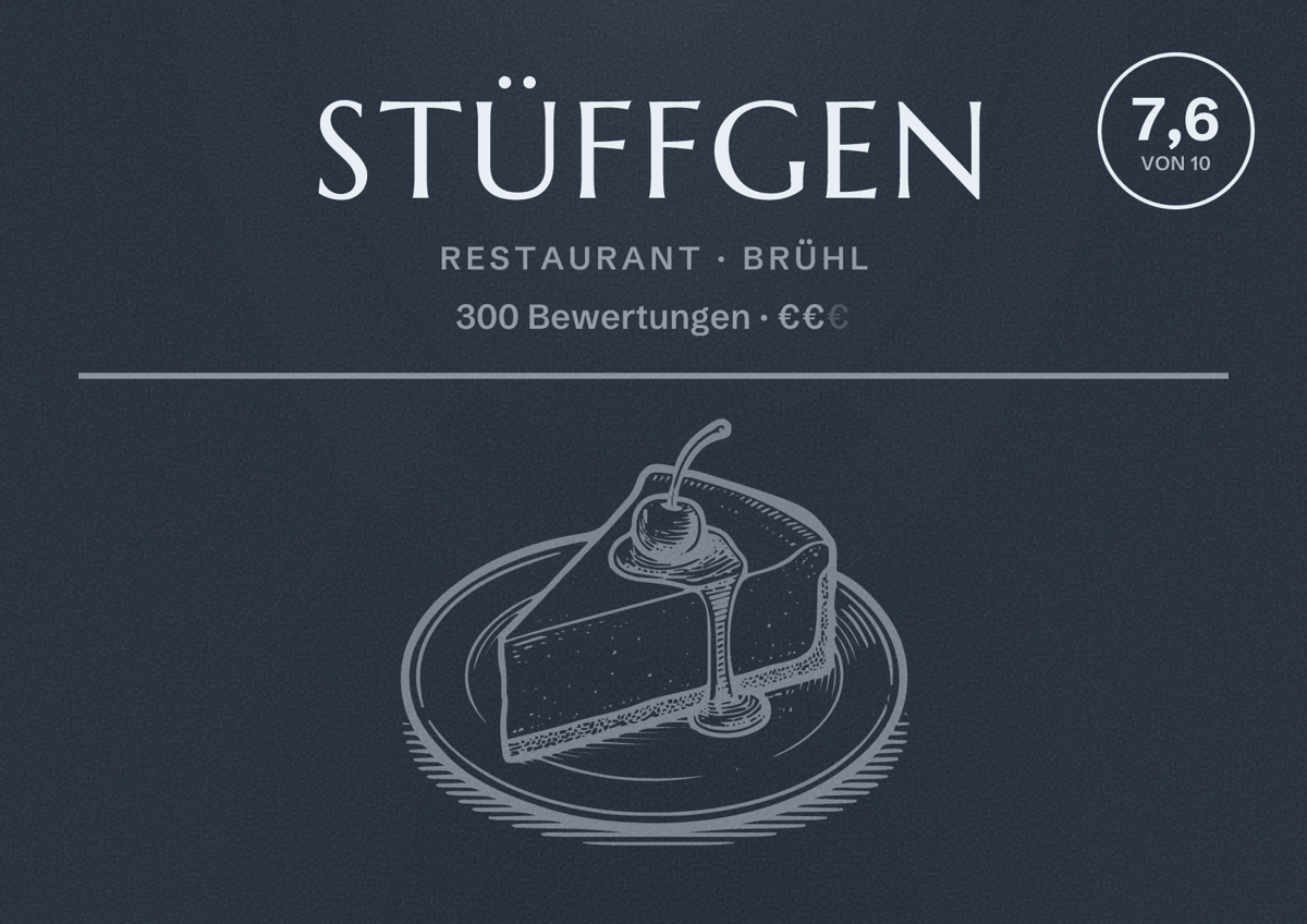 Illustriertes Poster von Stüffgen, Restaurant in Brühl: Bewertung 7,6 von 10 aus 300 Bewertungen, Preisniveau €€