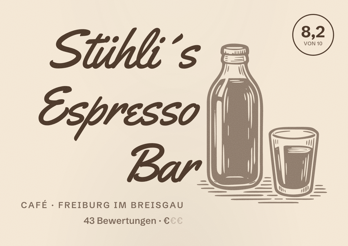 Illustriertes Poster von Stühli´s Espresso Bar, Café in Freiburg im Breisgau: Bewertung 8,2 von 10 aus 43 Bewertungen, Preisniveau €
