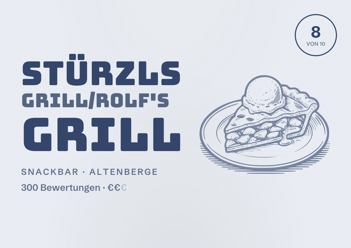Illustriertes Poster von Stürzls Grill/Rolf's Grill, Snackbar in Altenberge: Bewertung 8 von 10 aus 300 Bewertungen, Preisniveau €€