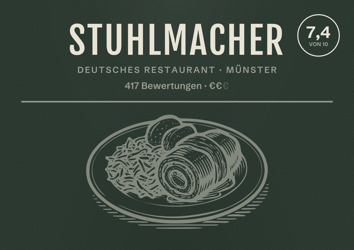 Illustriertes Poster von Stuhlmacher, Deutsches Restaurant in Münster: Bewertung 7,4 von 10 aus 417 Bewertungen, Preisniveau €€