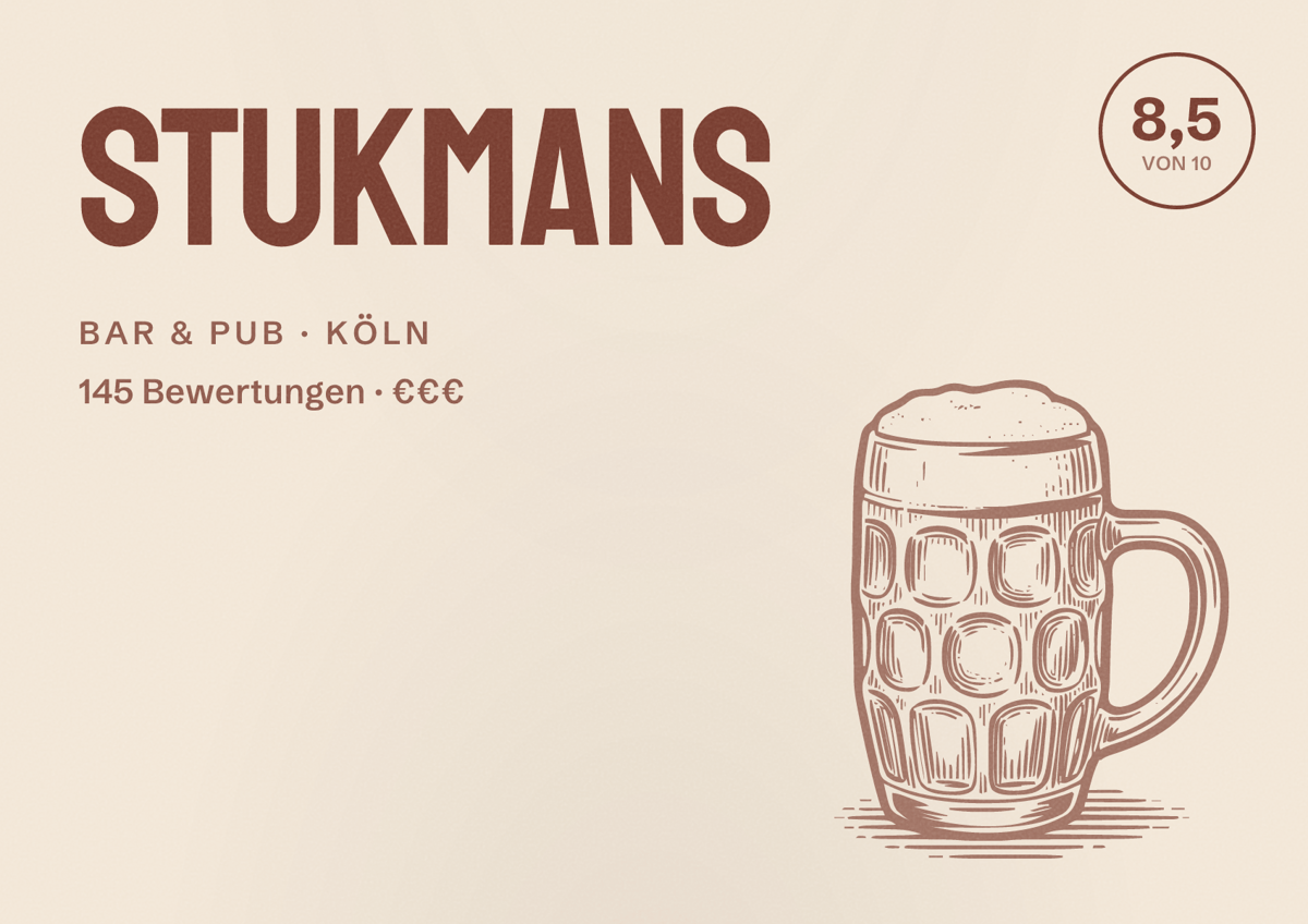 Illustriertes Poster von STUKMANS, Bar & Pub in Köln: Bewertung 8,5 von 10 aus 145 Bewertungen, Preisniveau €€€