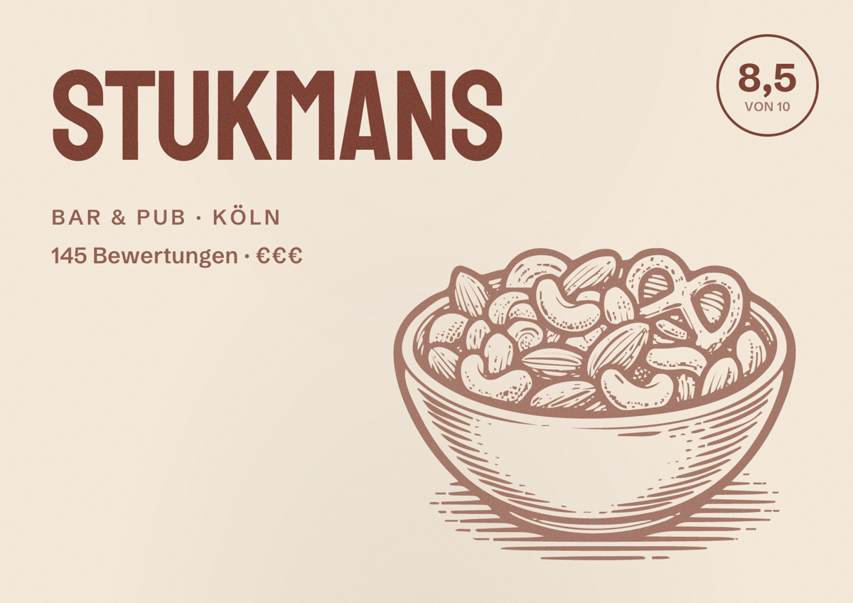 Illustriertes Poster von STUKMANS, Bar & Pub in Köln: Bewertung 8,5 von 10 aus 145 Bewertungen, Preisniveau €€€