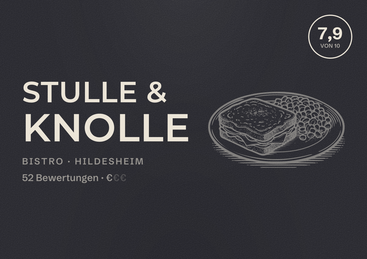 Illustriertes Poster von Stulle & Knolle, Bistro in Hildesheim: Bewertung 7,9 von 10 aus 52 Bewertungen, Preisniveau €