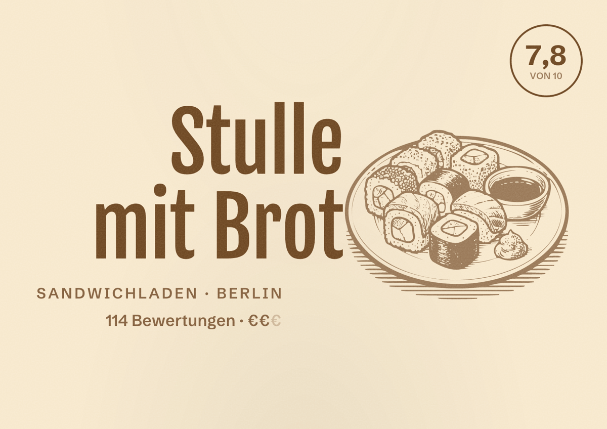 Illustriertes Poster von Stulle mit Brot, Sandwichladen in Berlin: Bewertung 7,8 von 10 aus 114 Bewertungen, Preisniveau €€