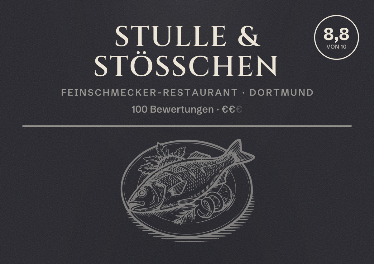 Illustriertes Poster von Stulle & Stößchen, Feinschmecker-Restaurant in Dortmund: Bewertung 8,8 von 10 aus 100 Bewertungen, Preisniveau €€