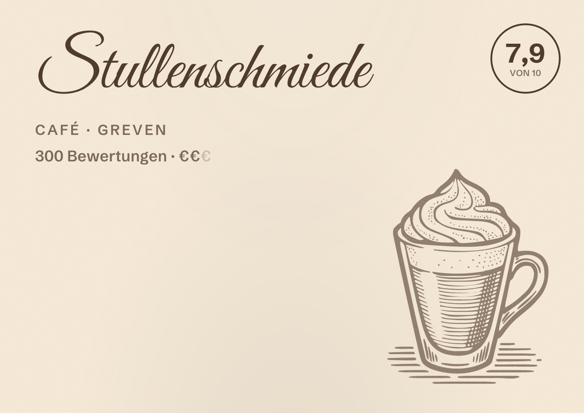 Illustriertes Poster von Stullenschmiede, Café in Greven: Bewertung 7,9 von 10 aus 300 Bewertungen, Preisniveau €€