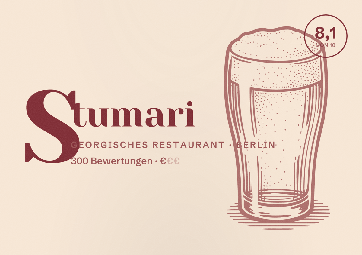 Illustriertes Poster von Stumari, Georgisches Restaurant in Berlin: Bewertung 8,1 von 10 aus 300 Bewertungen, Preisniveau €