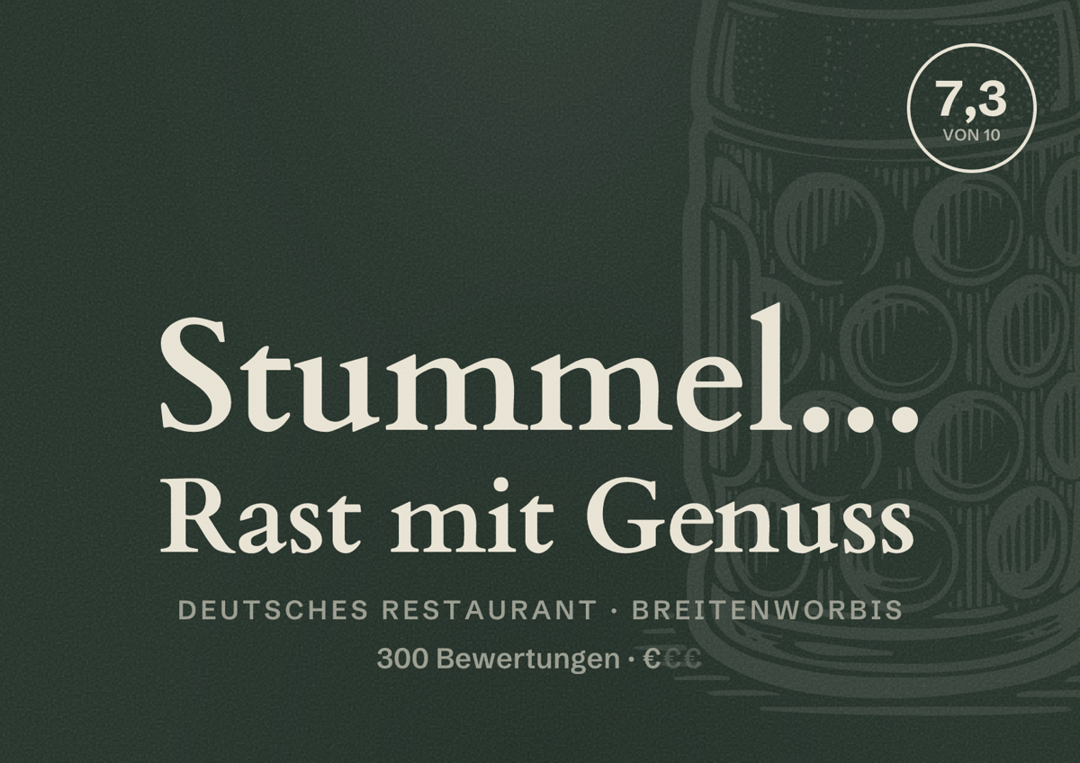 Illustriertes Poster von Stummel... Rast mit Genuss, Deutsches Restaurant in Breitenworbis: Bewertung 7,3 von 10 aus 300 Bewertungen, Preisniveau €