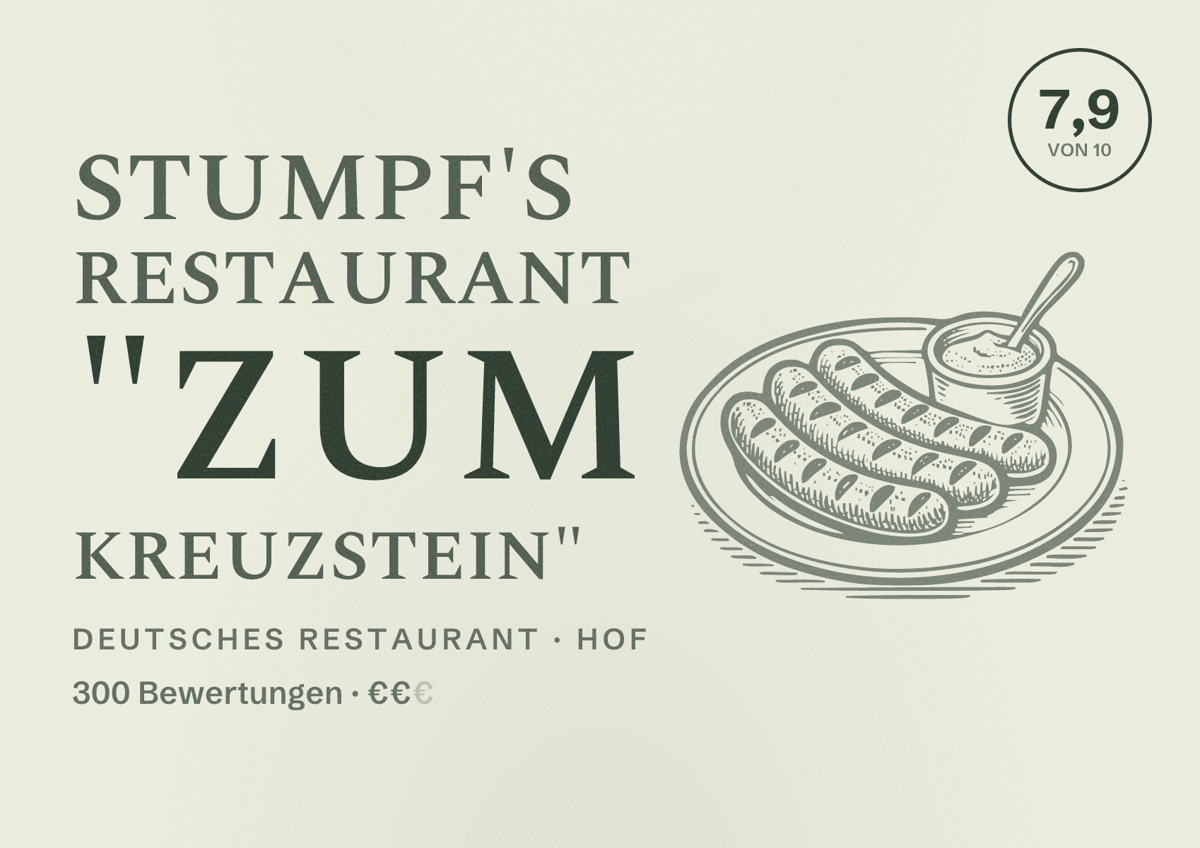 Illustriertes Poster von Stumpf's Restaurant "Zum Kreuzstein", Deutsches Restaurant in Hof: Bewertung 7,9 von 10 aus 300 Bewertungen, Preisniveau €€