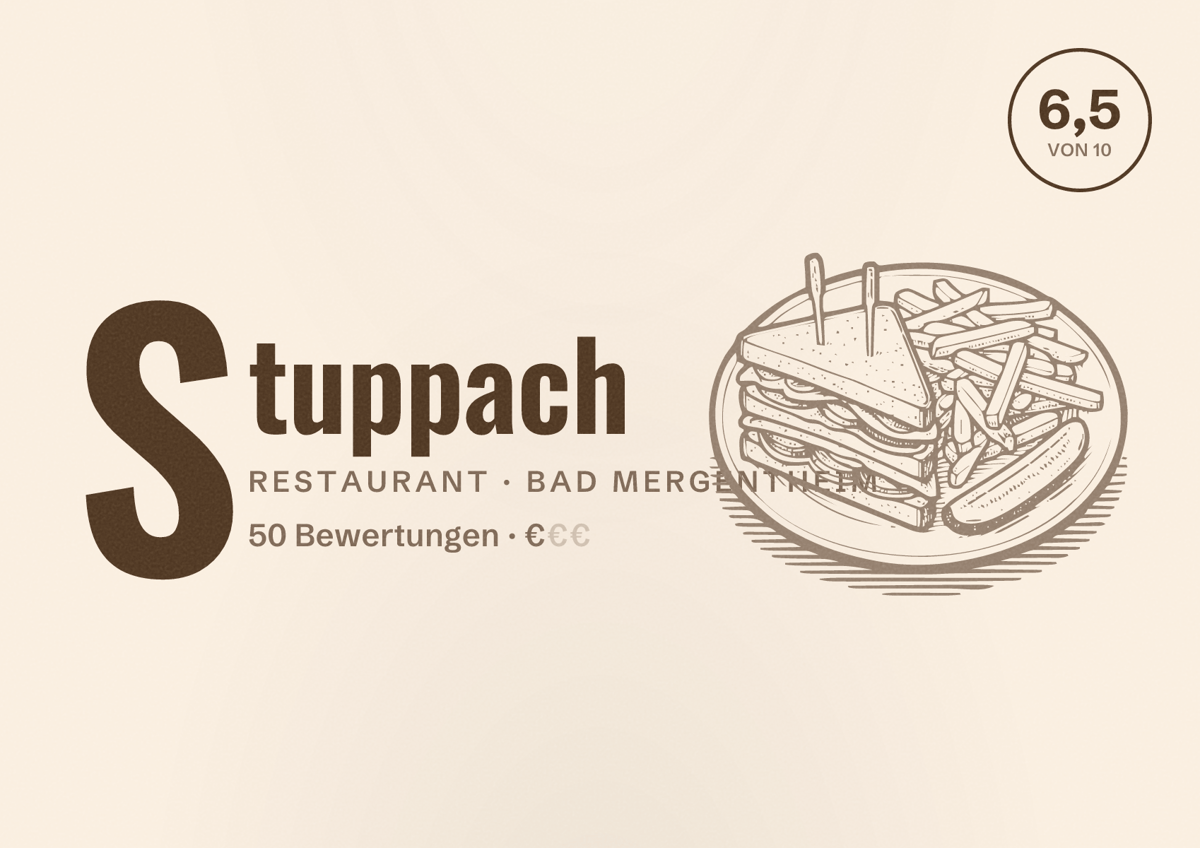 Illustriertes Poster von Stuppach, Restaurant in Bad Mergentheim: Bewertung 6,5 von 10 aus 50 Bewertungen, Preisniveau €