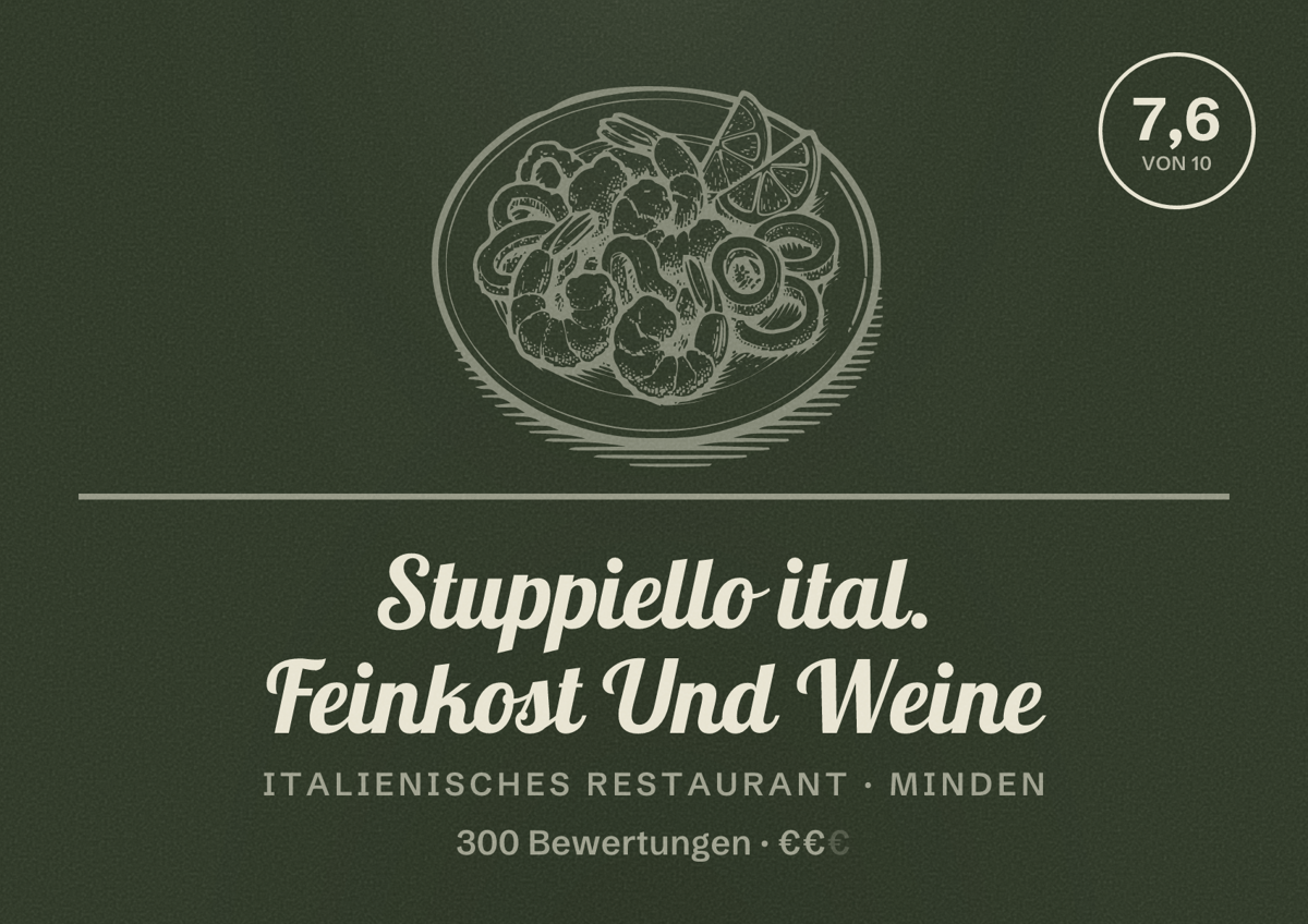 Illustriertes Poster von Stuppiello ital. Feinkost Und Weine, Italienisches Restaurant in Minden: Bewertung 7,6 von 10 aus 300 Bewertungen, Preisniveau €€