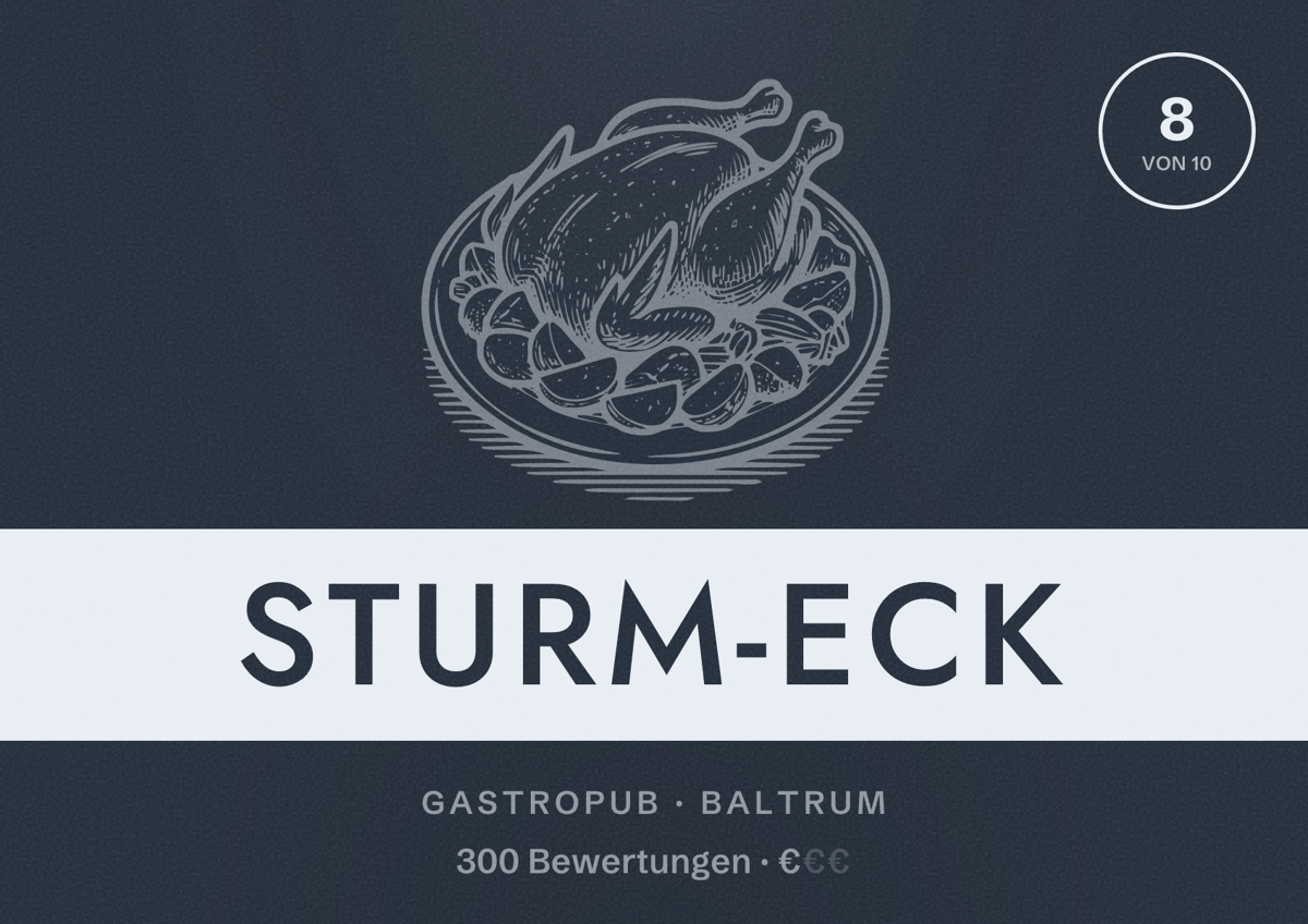 Illustriertes Poster von Sturm-Eck, Gastropub in Baltrum: Bewertung 8 von 10 aus 300 Bewertungen, Preisniveau €