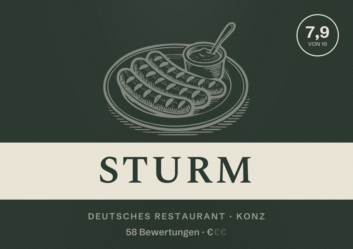 Illustriertes Poster von Sturm, Deutsches Restaurant in Konz: Bewertung 7,9 von 10 aus 58 Bewertungen, Preisniveau €