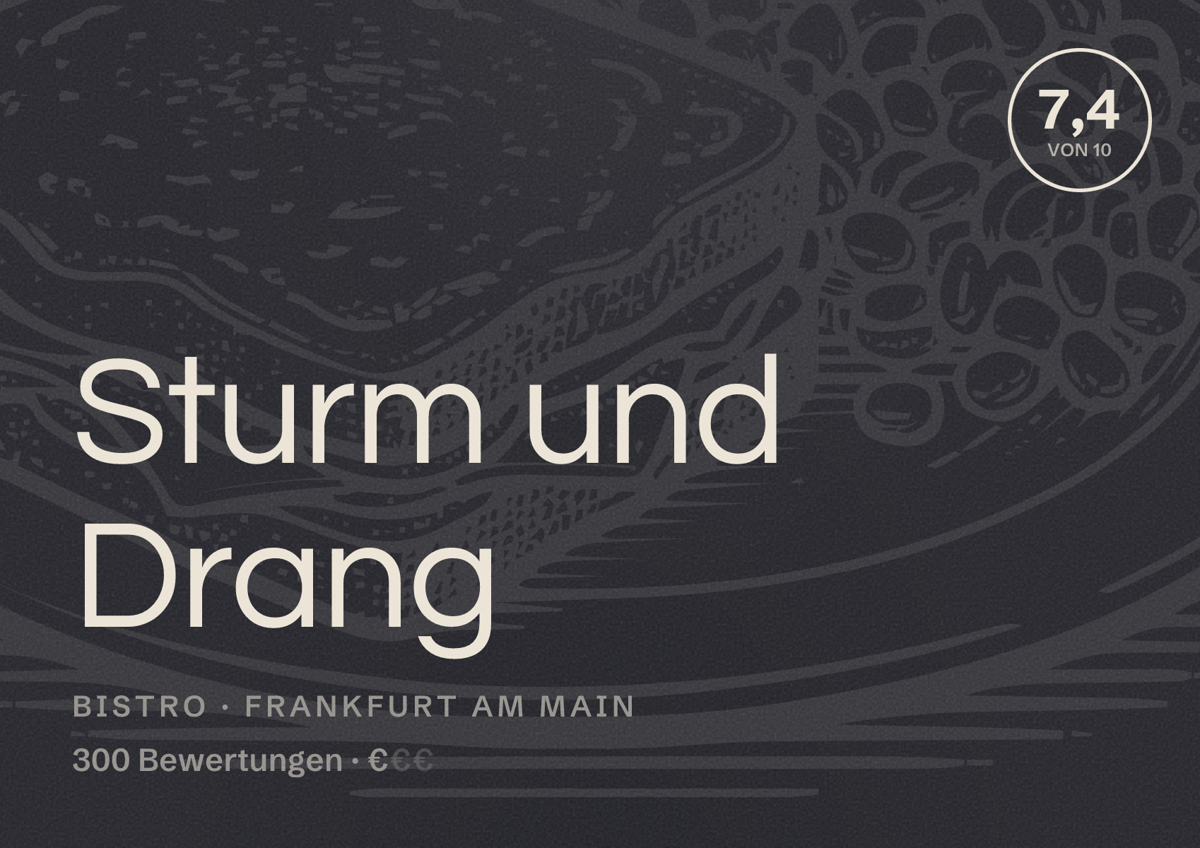 Illustriertes Poster von Sturm und Drang, Bistro in Frankfurt am Main: Bewertung 7,4 von 10 aus 300 Bewertungen, Preisniveau €