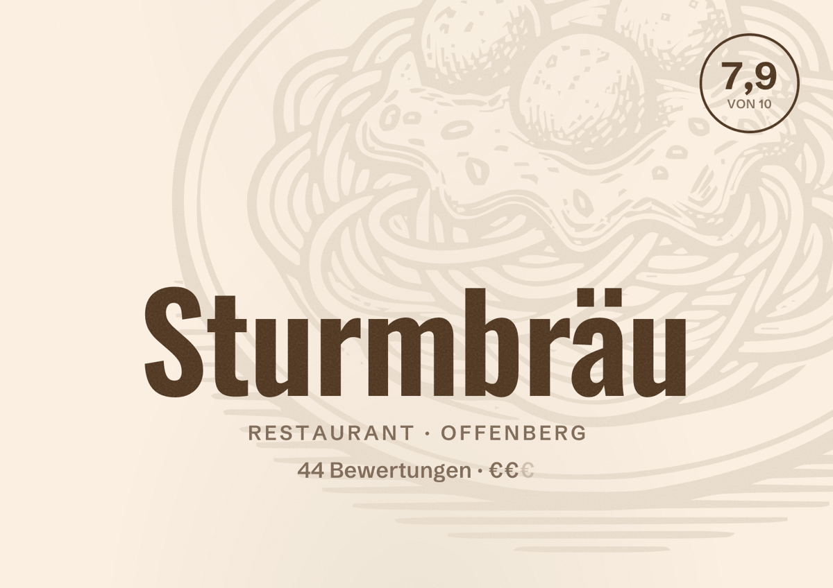 Illustriertes Poster von Sturmbräu, Restaurant in Offenberg: Bewertung 7,9 von 10 aus 44 Bewertungen, Preisniveau €€