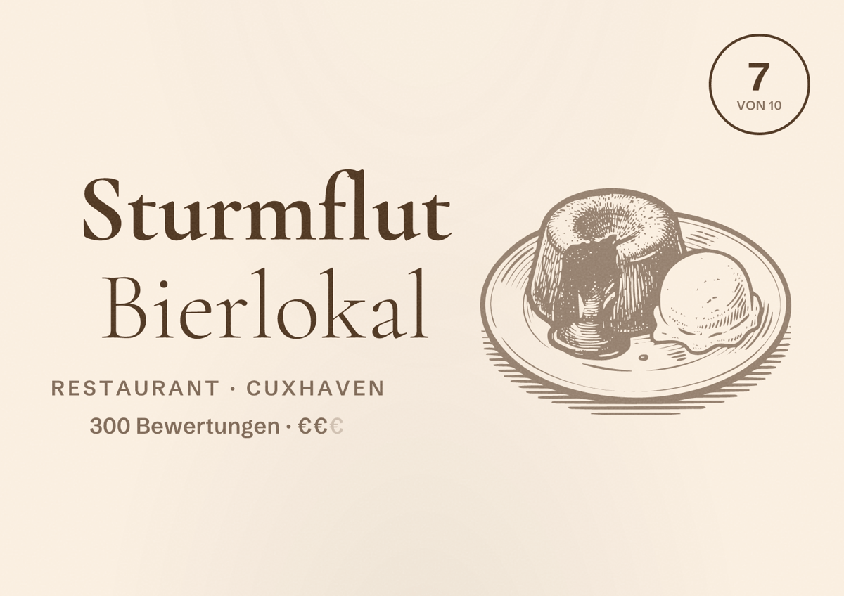 Illustriertes Poster von Sturmflut Bierlokal, Restaurant in Cuxhaven: Bewertung 7 von 10 aus 300 Bewertungen, Preisniveau €€