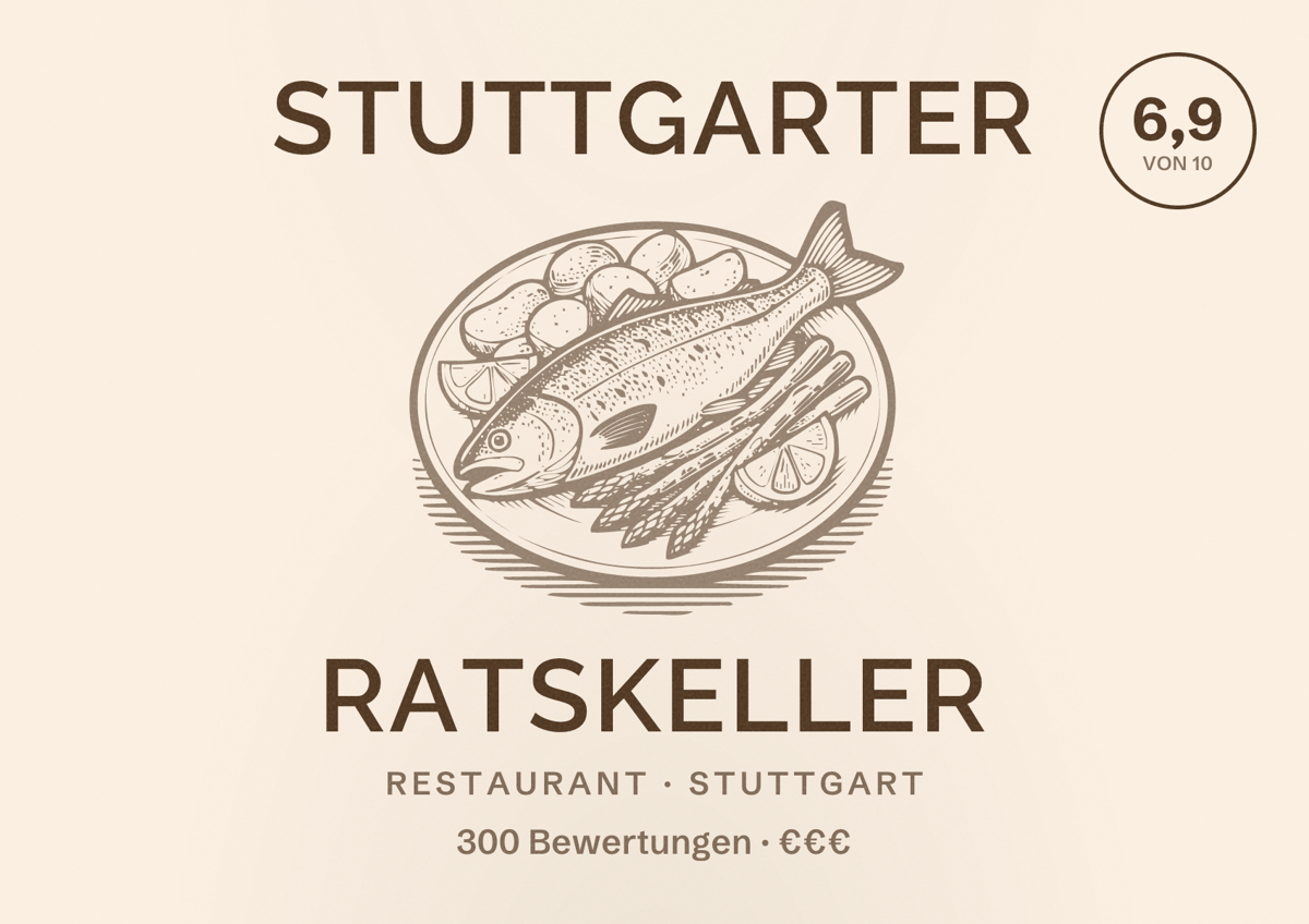 Illustriertes Poster von Stuttgarter Ratskeller, Restaurant in Stuttgart: Bewertung 6,9 von 10 aus 300 Bewertungen, Preisniveau €€€
