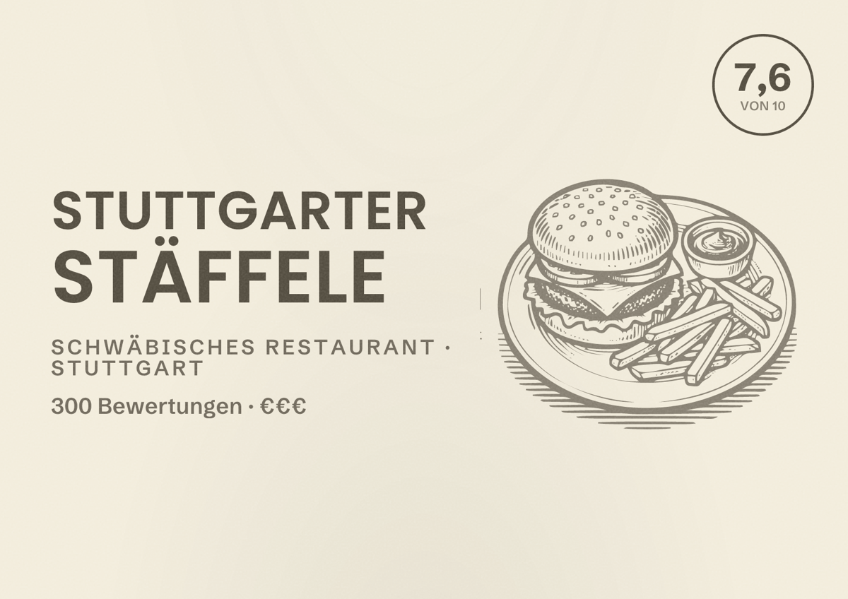 Illustriertes Poster von Stuttgarter Stäffele, Schwäbisches Restaurant in Stuttgart: Bewertung 7,6 von 10 aus 300 Bewertungen, Preisniveau €€€