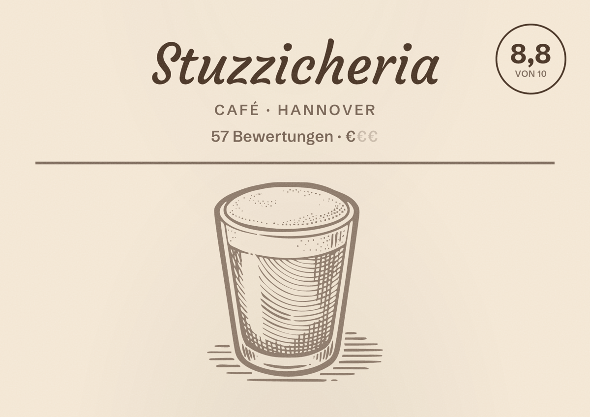 Illustriertes Poster von Stuzzicheria, Café in Hannover: Bewertung 8,8 von 10 aus 57 Bewertungen, Preisniveau €