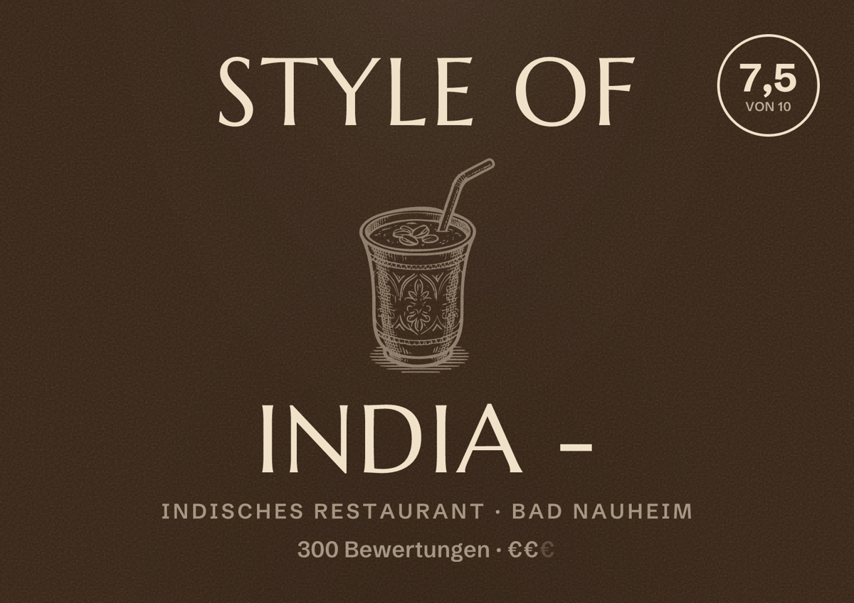 Illustriertes Poster von Style of India -, Indisches Restaurant in Bad Nauheim: Bewertung 7,5 von 10 aus 300 Bewertungen, Preisniveau €€