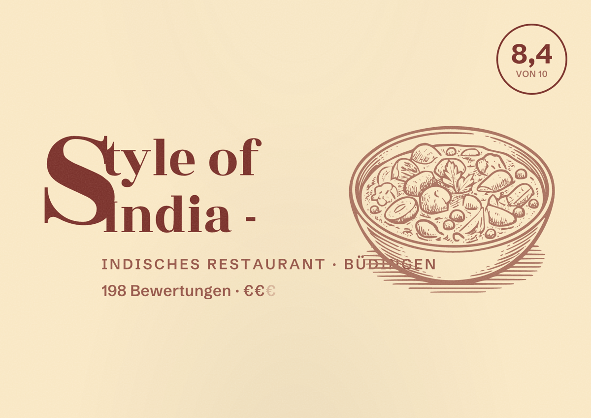 Illustriertes Poster von Style of India -, Indisches Restaurant in Büdingen: Bewertung 8,4 von 10 aus 198 Bewertungen, Preisniveau €€