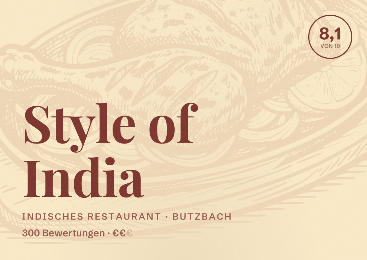 Illustriertes Poster von Style of India, Indisches Restaurant in Butzbach: Bewertung 8,1 von 10 aus 300 Bewertungen, Preisniveau €€