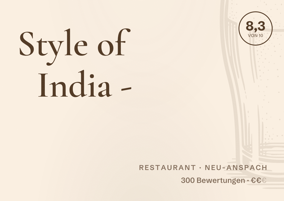 Illustriertes Poster von Style of India -, Restaurant in Neu-Anspach: Bewertung 8,3 von 10 aus 300 Bewertungen, Preisniveau €€