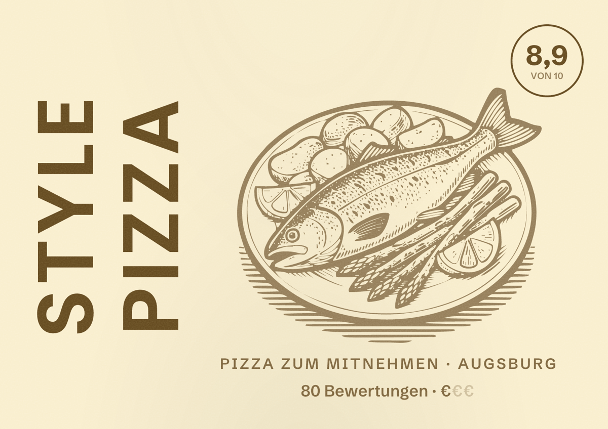 Illustriertes Poster von Style Pizza, Pizza zum Mitnehmen in Augsburg: Bewertung 8,9 von 10 aus 80 Bewertungen, Preisniveau €
