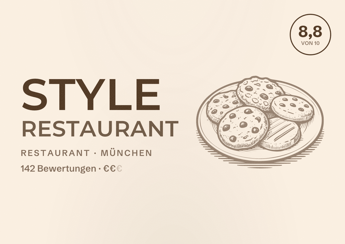 Illustriertes Poster von STYLE Restaurant, Restaurant in München: Bewertung 8,8 von 10 aus 142 Bewertungen, Preisniveau €€