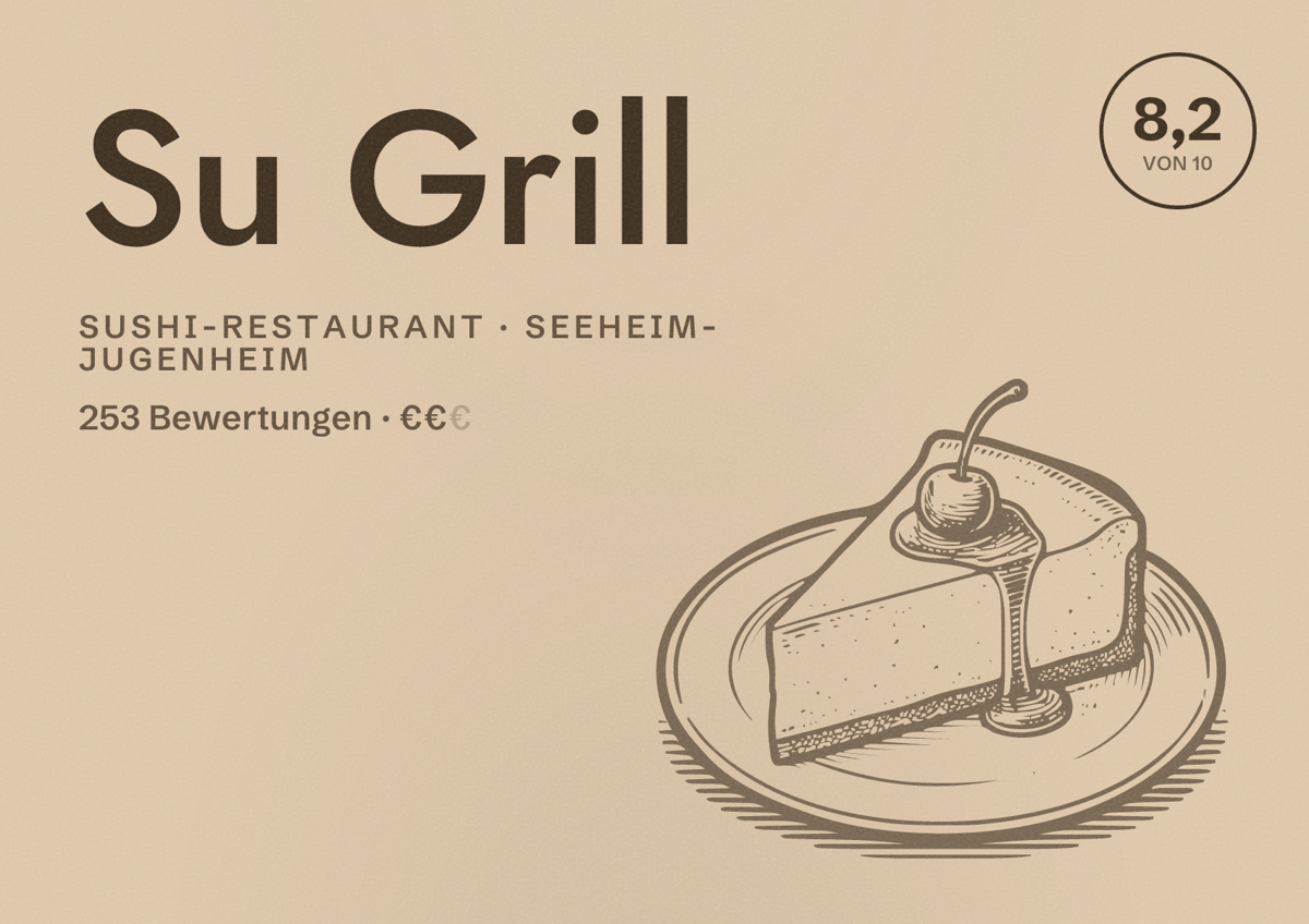 Illustriertes Poster von Su Grill, Sushi-Restaurant in Seeheim-Jugenheim: Bewertung 8,2 von 10 aus 253 Bewertungen, Preisniveau €€