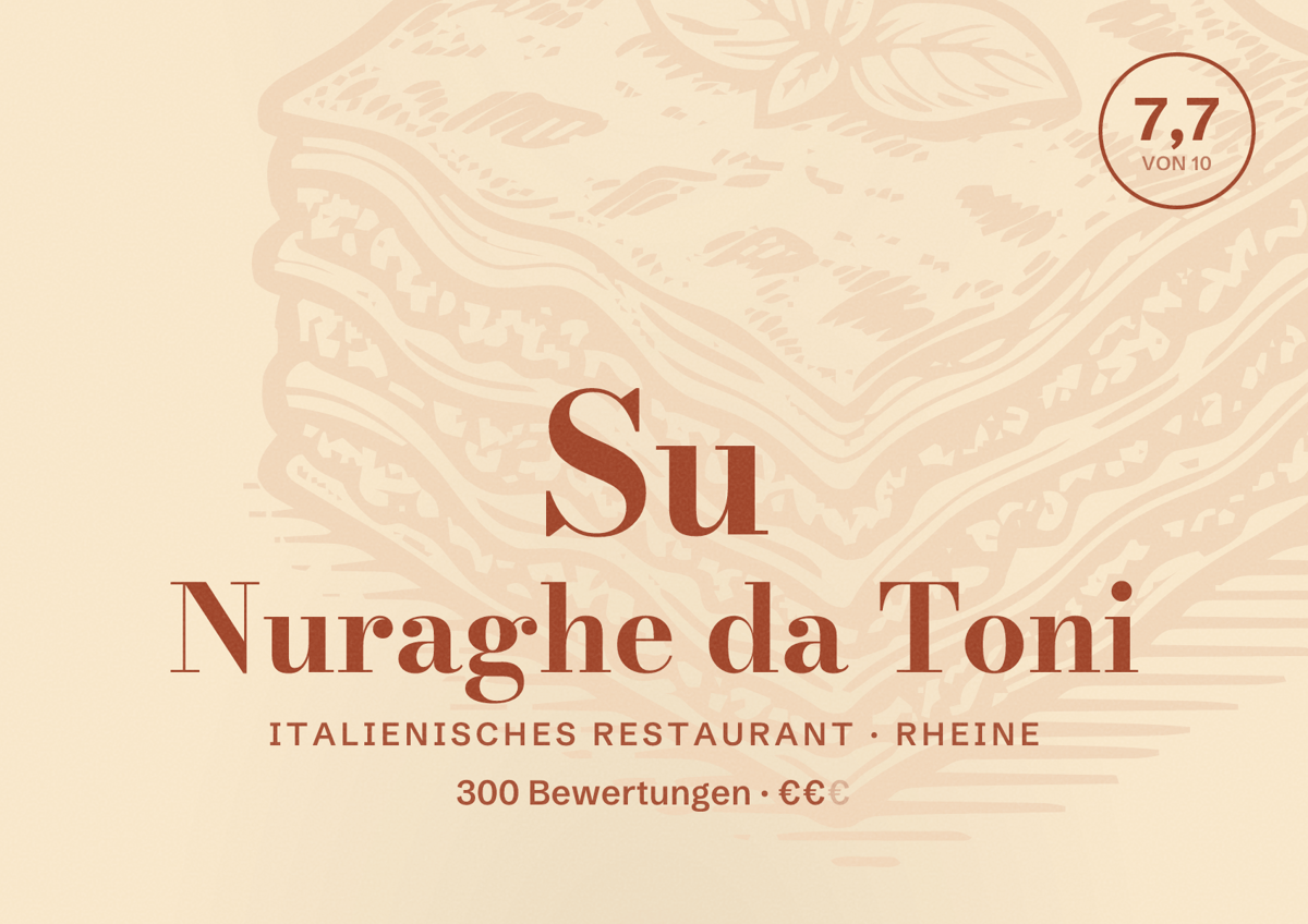 Illustriertes Poster von Su Nuraghe da Toni, Italienisches Restaurant in Rheine: Bewertung 7,7 von 10 aus 300 Bewertungen, Preisniveau €€
