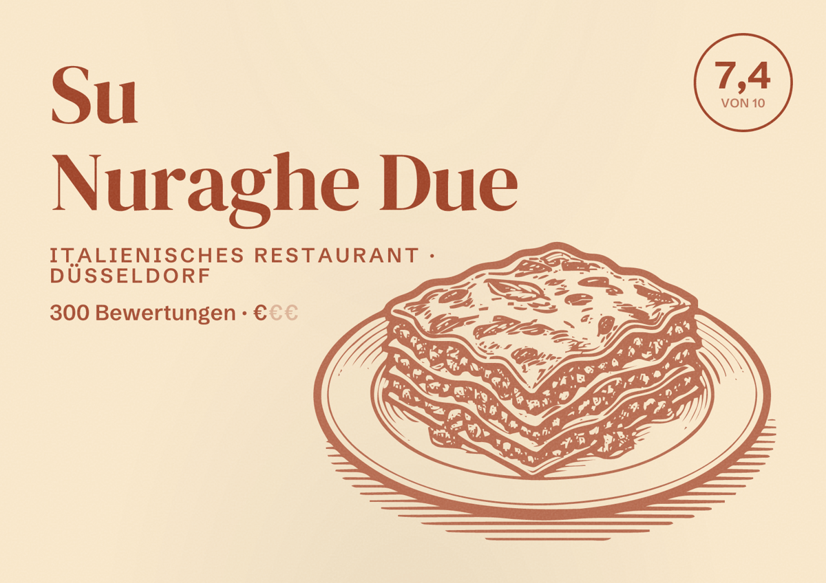 Illustriertes Poster von Su Nuraghe Due, Italienisches Restaurant in Düsseldorf: Bewertung 7,4 von 10 aus 300 Bewertungen, Preisniveau €
