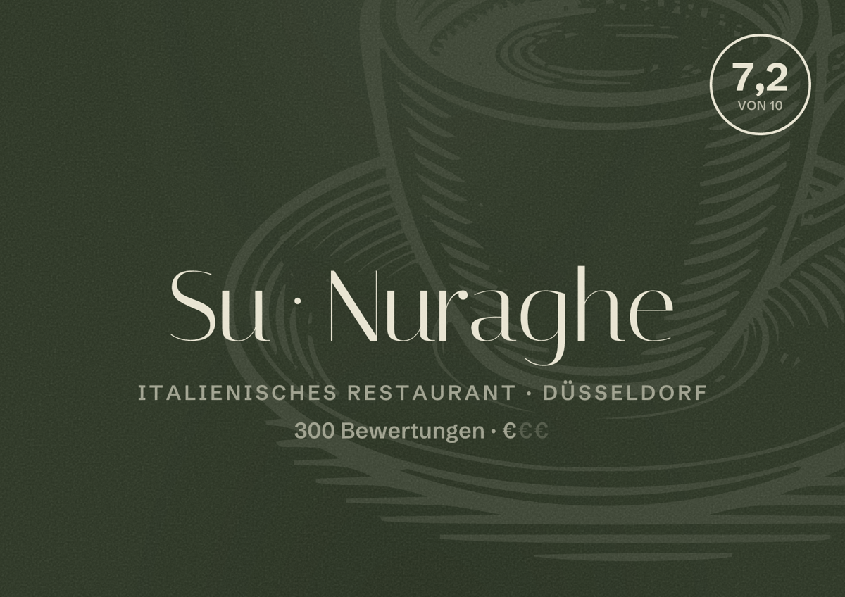 Illustriertes Poster von Su Nuraghe, Italienisches Restaurant in Düsseldorf: Bewertung 7,2 von 10 aus 300 Bewertungen, Preisniveau €