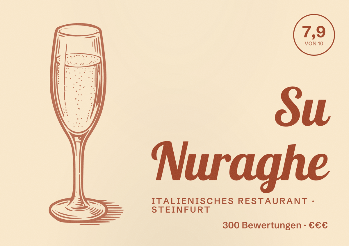 Illustriertes Poster von Su Nuraghe, Italienisches Restaurant in Steinfurt: Bewertung 7,9 von 10 aus 300 Bewertungen, Preisniveau €€€