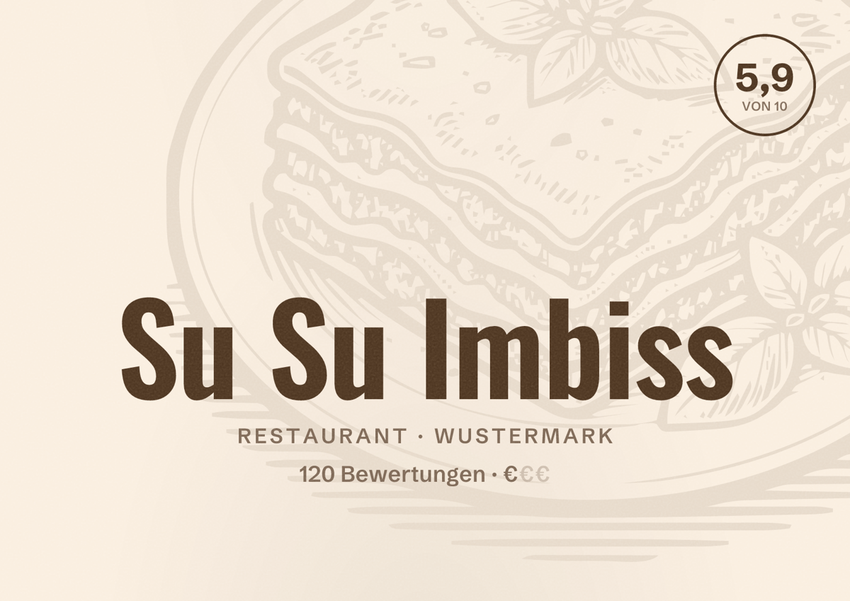 Illustriertes Poster von Su Su Imbiss, Restaurant in Wustermark: Bewertung 5,9 von 10 aus 120 Bewertungen, Preisniveau €