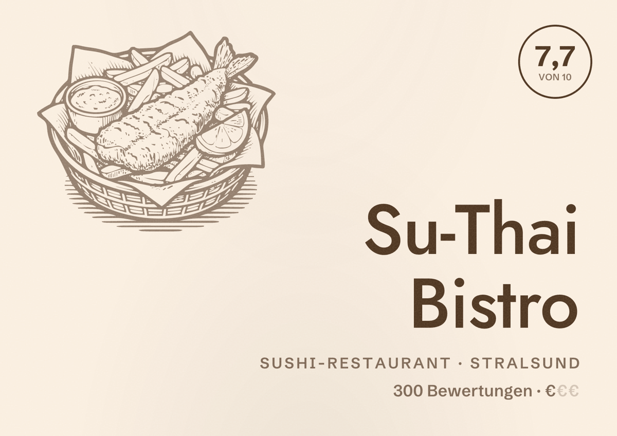 Illustriertes Poster von Su-Thai Bistro, Sushi-Restaurant in Stralsund: Bewertung 7,7 von 10 aus 300 Bewertungen, Preisniveau €