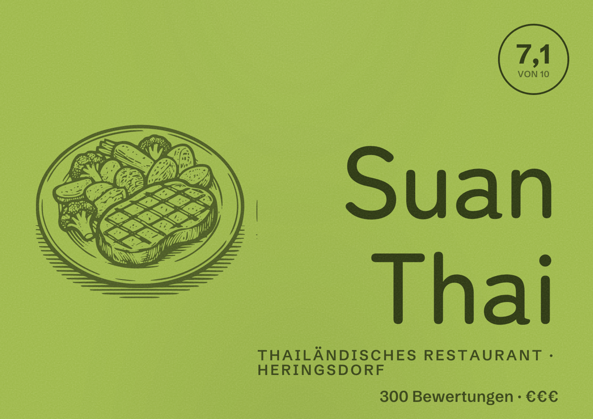 Illustriertes Poster von Suan Thai, Thailändisches Restaurant in Heringsdorf: Bewertung 7,1 von 10 aus 300 Bewertungen, Preisniveau €€€