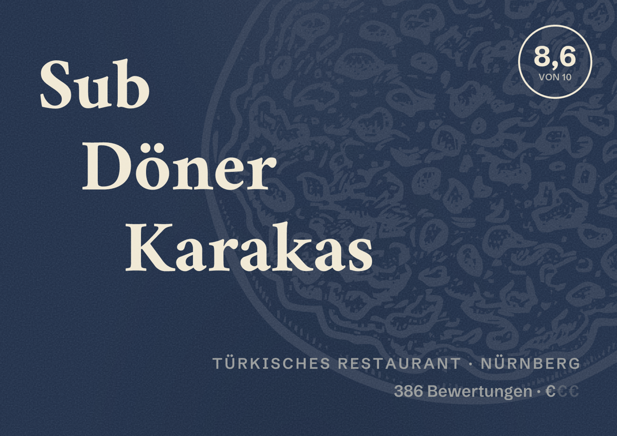 Illustriertes Poster von Sub Döner Karakas, Türkisches Restaurant in Nürnberg: Bewertung 8,6 von 10 aus 386 Bewertungen, Preisniveau €
