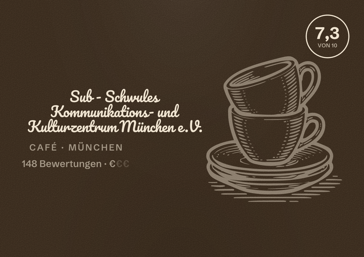Illustriertes Poster von Sub - Schwules Kommunikations- und Kulturzentrum München e.V., Café in München: Bewertung 7,3 von 10 aus 148 Bewertungen, Preisniveau €