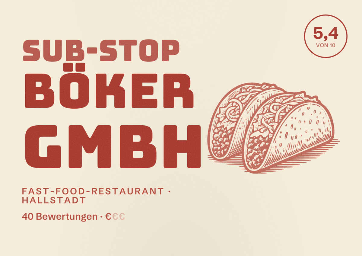 Illustriertes Poster von Sub-stop Böker GmbH, Fast-Food-Restaurant in Hallstadt: Bewertung 5,4 von 10 aus 40 Bewertungen, Preisniveau €