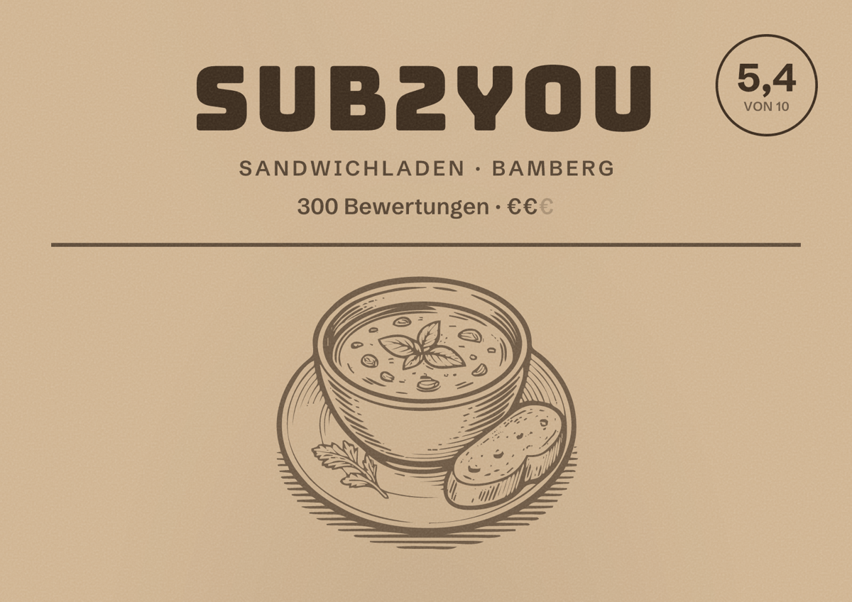 Illustriertes Poster von sub2you, Sandwichladen in Bamberg: Bewertung 5,4 von 10 aus 300 Bewertungen, Preisniveau €€
