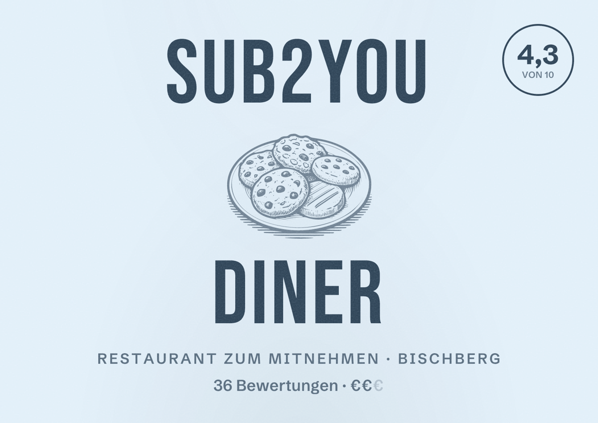 Illustriertes Poster von sub2you Diner, Restaurant zum Mitnehmen in Bischberg: Bewertung 4,3 von 10 aus 36 Bewertungen, Preisniveau €€