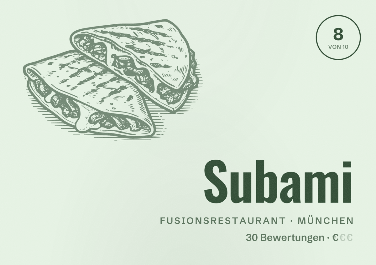Illustriertes Poster von Subami, Fusionsrestaurant in München: Bewertung 8 von 10 aus 30 Bewertungen, Preisniveau €