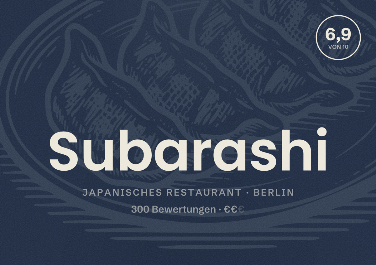 Illustriertes Poster von Subarashi, Japanisches Restaurant in Berlin: Bewertung 6,9 von 10 aus 300 Bewertungen, Preisniveau €€