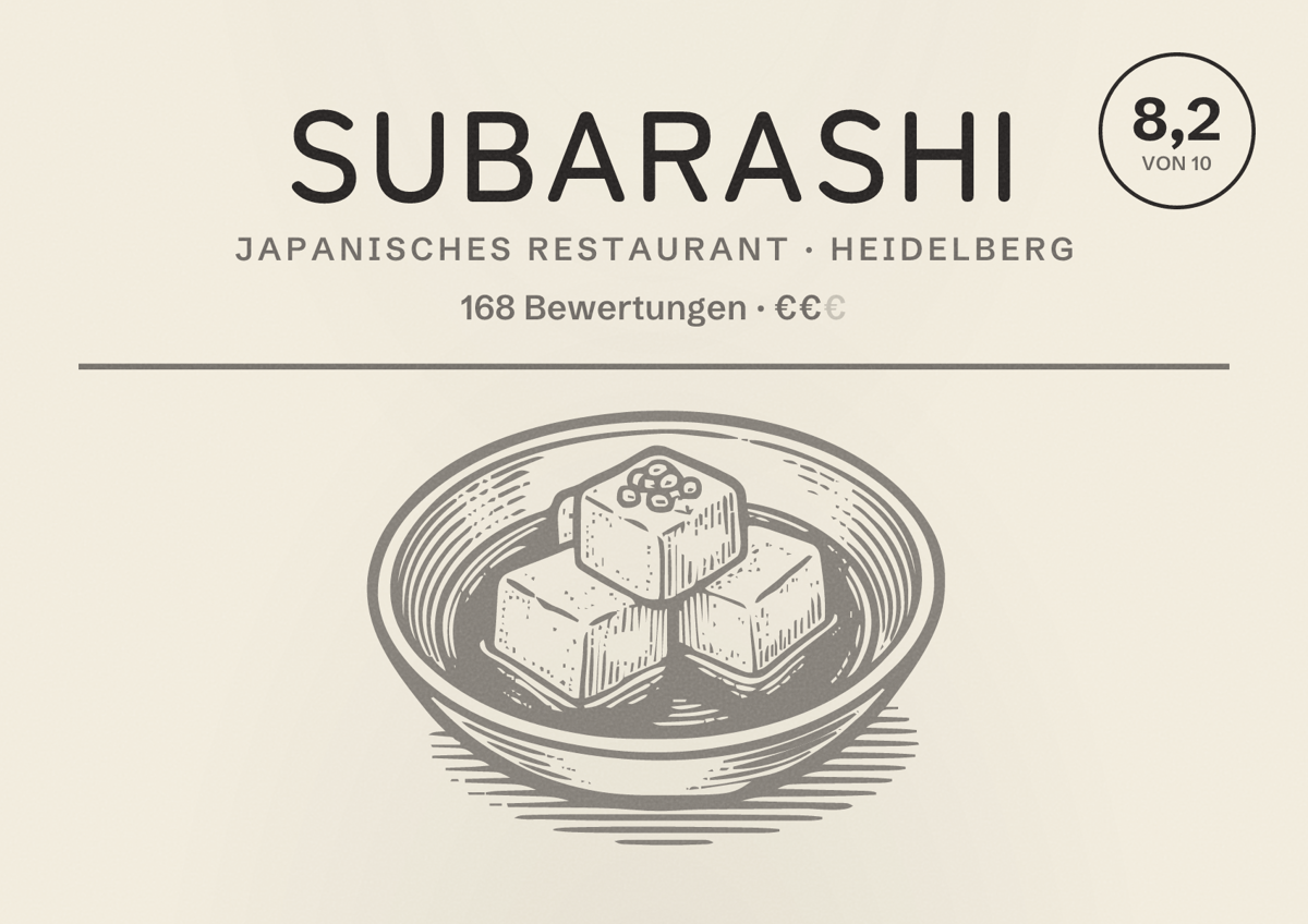 Illustriertes Poster von Subarashi, Japanisches Restaurant in Heidelberg: Bewertung 8,2 von 10 aus 168 Bewertungen, Preisniveau €€
