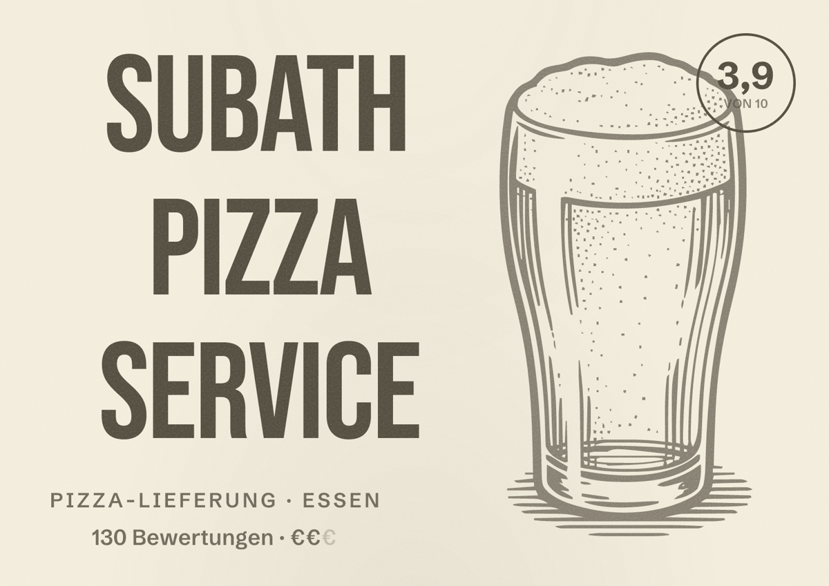 Illustriertes Poster von Subath Pizza Service, Pizza-Lieferung in Essen: Bewertung 3,9 von 10 aus 130 Bewertungen, Preisniveau €€