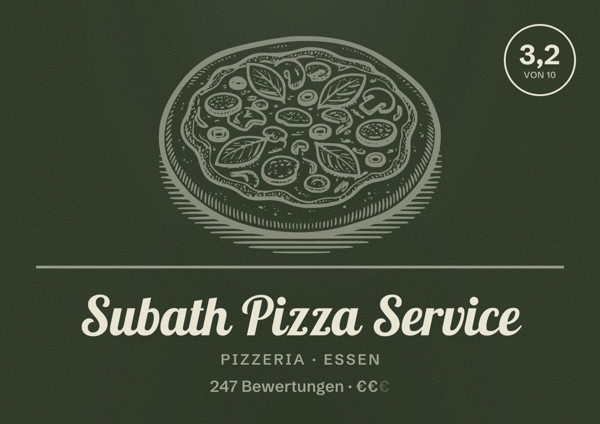 Illustriertes Poster von Subath Pizza Service, Pizzeria in Essen: Bewertung 3,2 von 10 aus 247 Bewertungen, Preisniveau €€