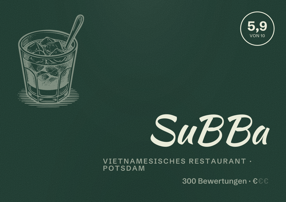 Illustriertes Poster von SuBBa, Vietnamesisches Restaurant in Potsdam: Bewertung 5,9 von 10 aus 300 Bewertungen, Preisniveau €