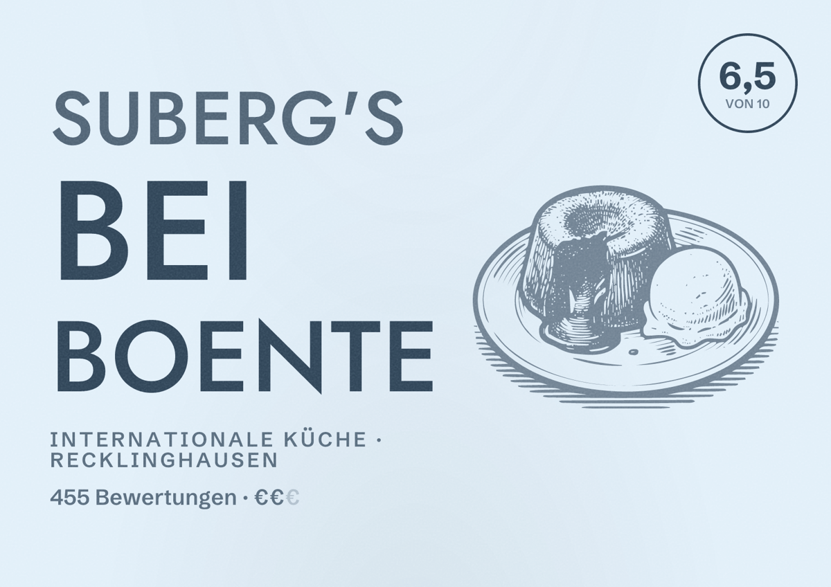Illustriertes Poster von Suberg's bei Boente, Internationale Küche in Recklinghausen: Gästebewertung 6,5 von 10 aus 455 Bewertungen