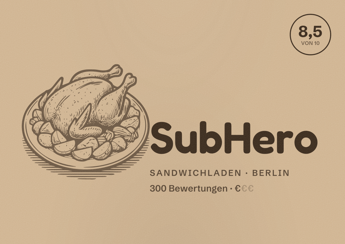 Illustriertes Poster von SubHero, Sandwichladen in Berlin: Bewertung 8,5 von 10 aus 300 Bewertungen, Preisniveau €